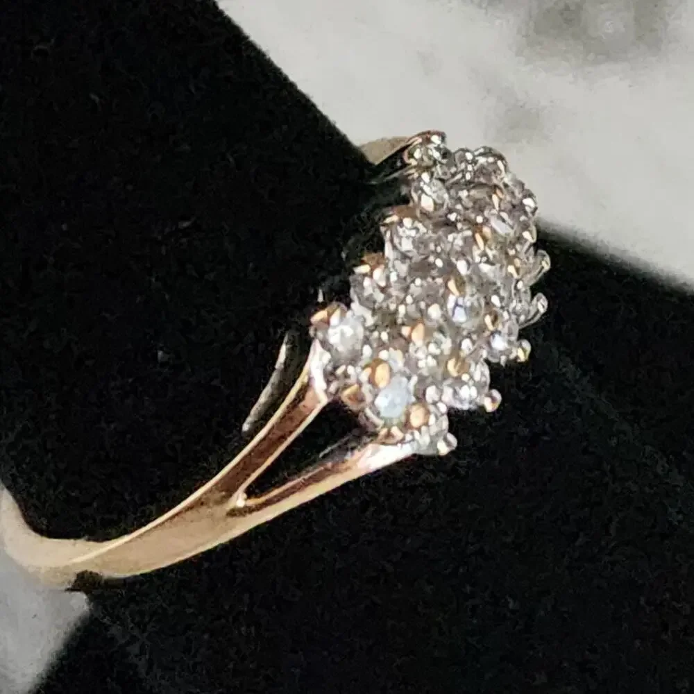 14K Fine Yellow Gold Diamond Cluster 3 Tier Open Work Accent Ring